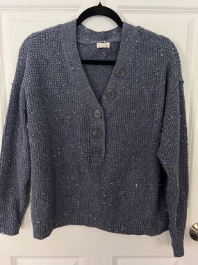 a.n.a Navy Speckled V-Neck Button Pullover Sweater